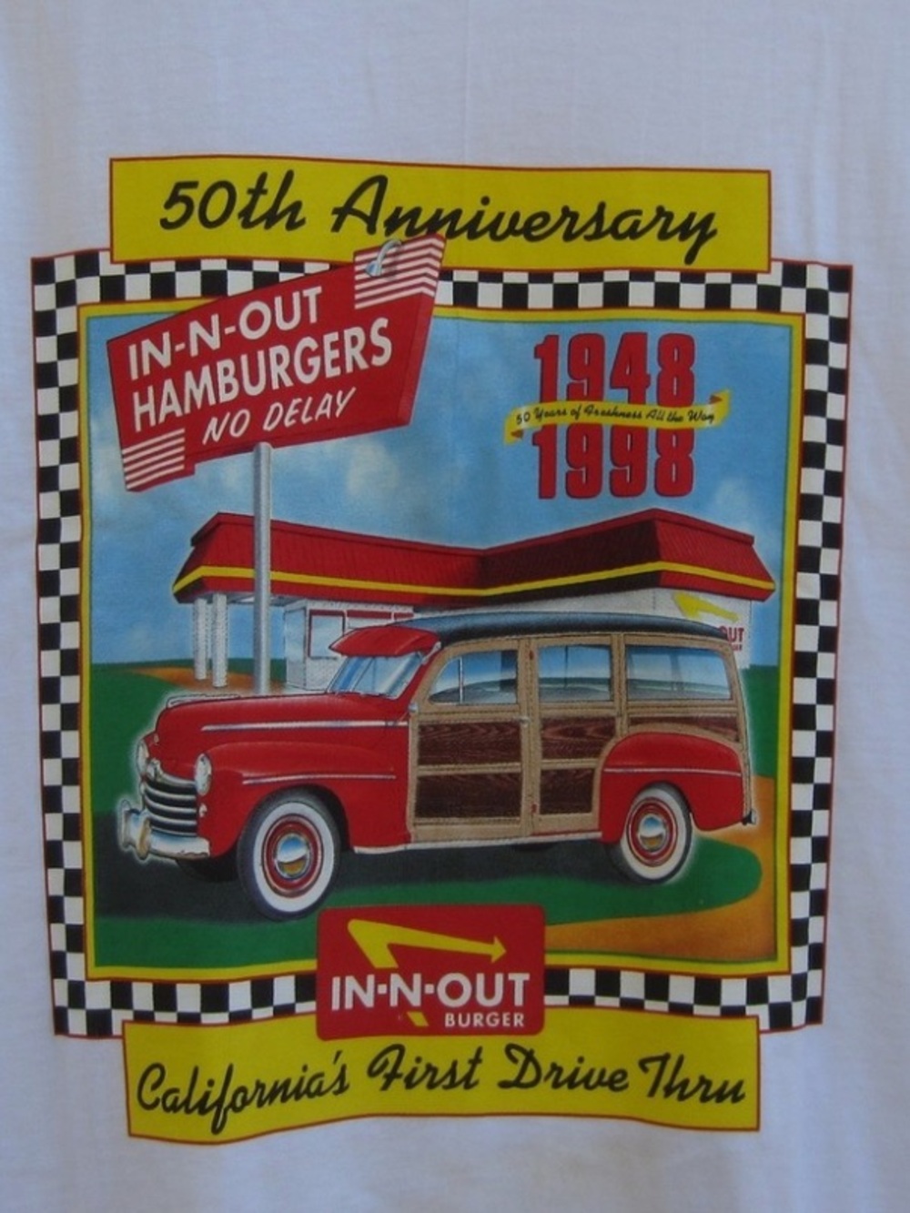 New in bag White In-N-Out Burger 50th anniversary t-shirt with red car graphic